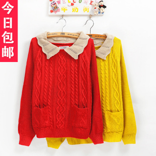 free shipping  japanese style Sweet twisted women's peter pan collar pullover batwing shirt sweater female loose
