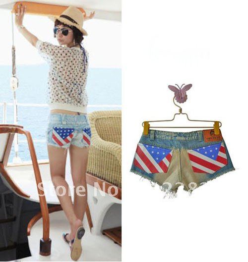 Free shipping jeans shorts women Light-colored washed out American flag package hip denim shorts