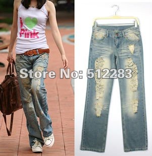 Free shipping jeans women Korean version of the hole in the jeans, straight jeans