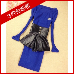 free shipping Jjc 2013 spring female leather skirt disassembly cummerbund badge cotton one-piece dress