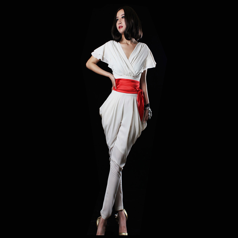 FREE SHIPPING Jumpsuit 2013 spring female V-neck chiffon fashion high waist trousers jumpsuit