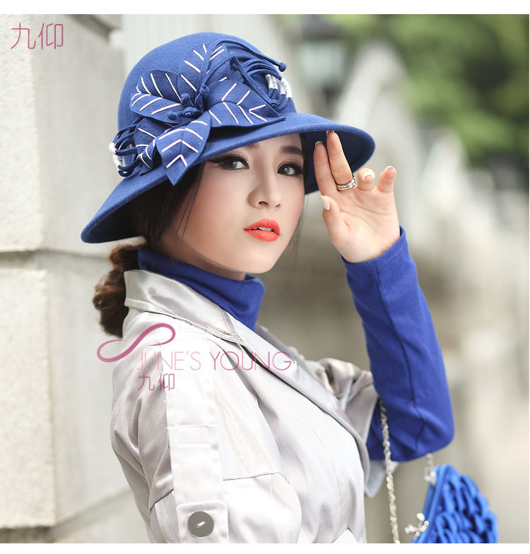 Free shipping June's young women casual all-match elegant pure wool felt hat fashion wide brim handmade basin hat