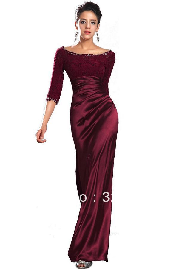 Free shipping KA3416 dark red long sleeve lace evening dress slim-line