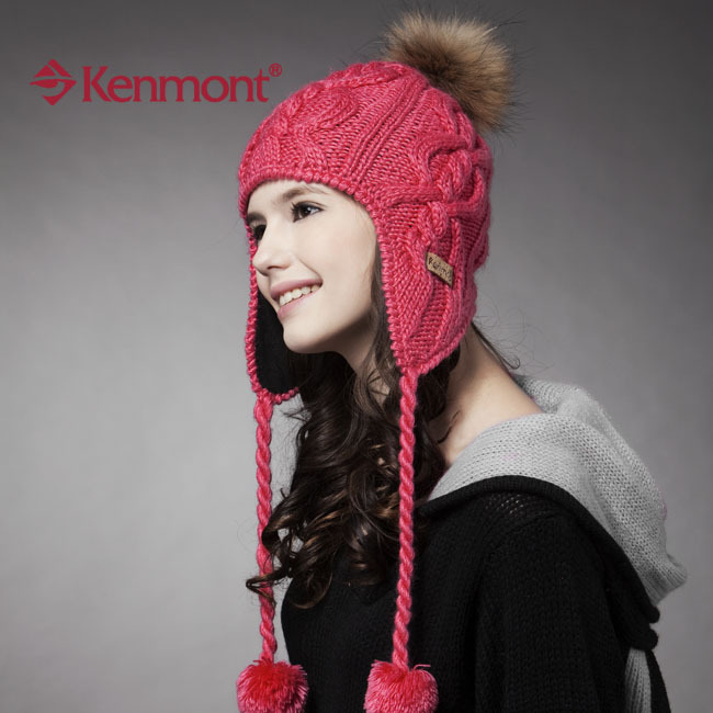 Free Shipping Kenmont hats raccoon fur ball handmade cap yarn ear protector cap km-1125 Christmas Gift
