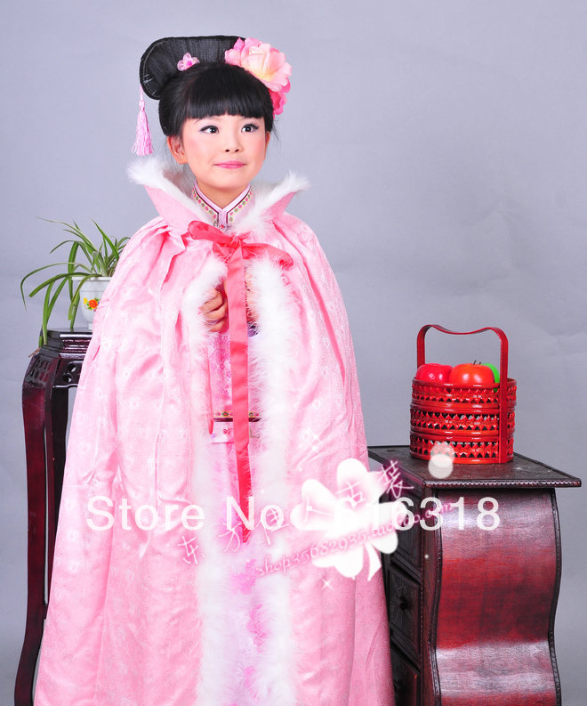 Free Shipping Kids' Costume Girls' Folk Dance Stage Clothing Photography Dress Pink Cloak