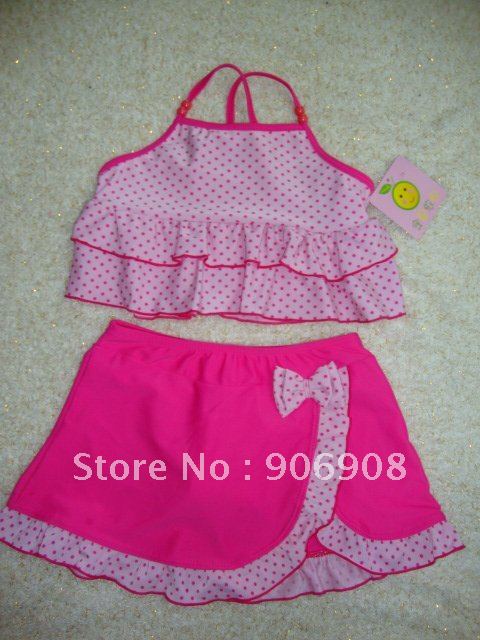 free shipping kids girls swimwear swimming bathers swimsuits tankini dot pink swimmers skirt with underwear
