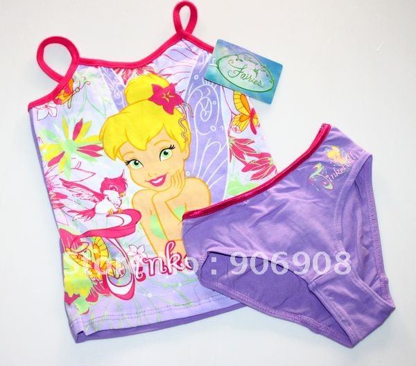 free shipping kids girls underwear sets tops briefs purple tinkerbell fairy tink tanks vest pajamas pyjamas cotton with tag