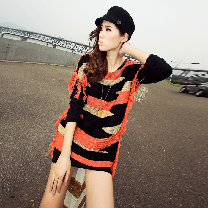 Free Shipping Kikot 2012 autumn classic vintage wool sweater slit neckline gold stripe tassel autumn female