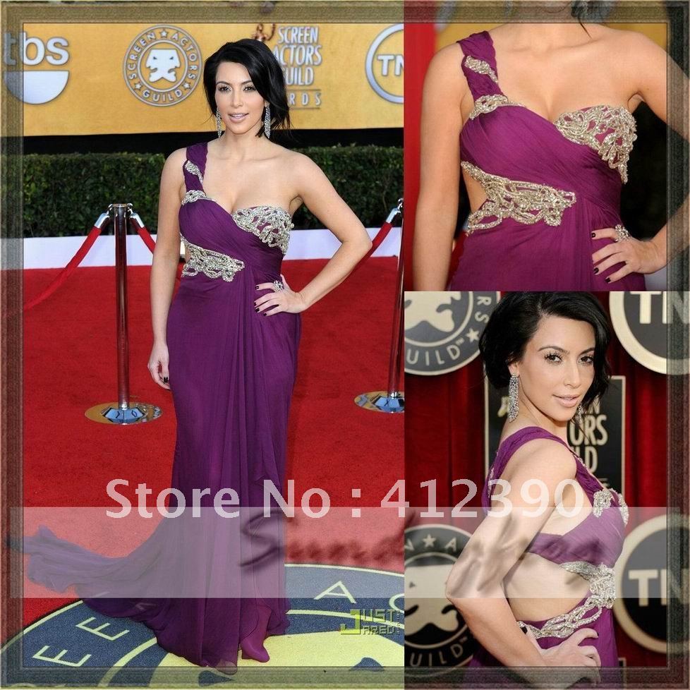 Free shipping Kim Kardashian purple chiffon A-line one shoulder sweetheart neckline red carpet dress /celebrity dress ECCE-67