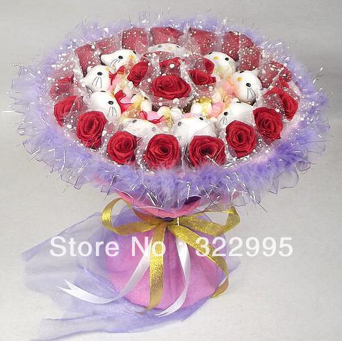 Free shipping KITTY the cat doll cartoon bouquet birthday gift dried flowers Christmas Articles AS422