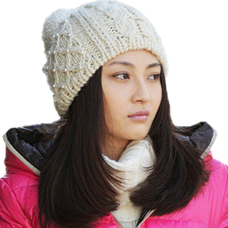 Free shipping, Knitted hat winter knitted big ball cap female hat pearl ear protector cap