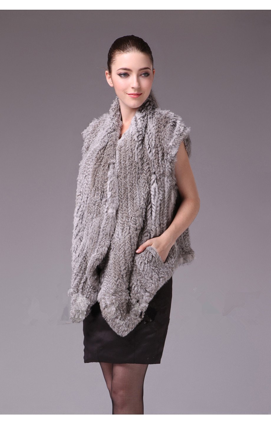 Free Shipping Knitted Rabbit Fur Vest Natural Grey Color OEM Wholesale/ Retail