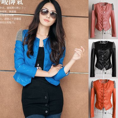 Free shipping knitting patchwork long sleeve PU leather short coat ladies slim motorcycle jacket new design fashion