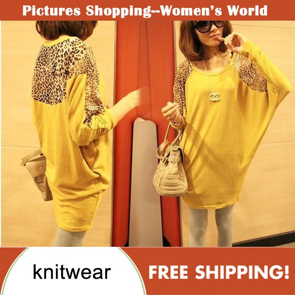 Free shipping!Korea autumn women fashion big bust plus size Leopard patchwork all-matched knitwear loose knitted sweater F8026