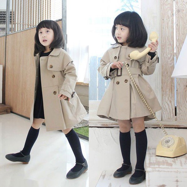 free shipping korea design girl's long sleeve khaki outwear kids double-breasted winter long jacket fashion solid trench