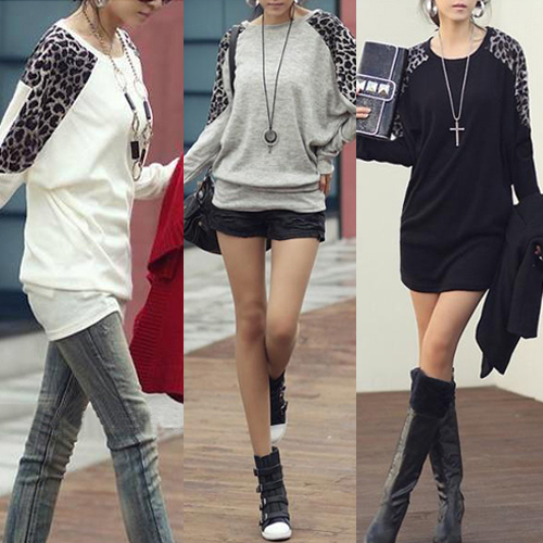 Free shipping Korea Fashion Leopard New Wide Ship Brought Long Sleeves T-Shirt 3 colors WS20