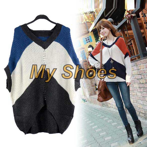 free shipping Korea Fashion Women's Sweater Woolen V-neck stripe loose Medium Sleeve Color Matching sweater Coat Jacket  7705