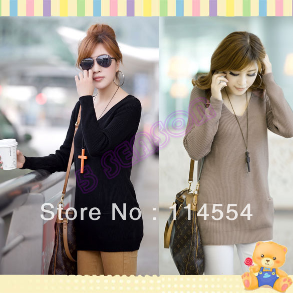 Free Shipping Korea Fashion Women's V Neck All-match Double Pockets Bottoming Shirt Knitwear 10181