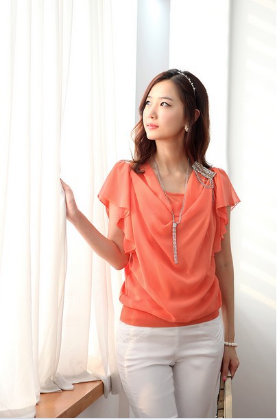 Free shipping Korea new two Pattern Chiffon Slim round neck sweater female O-neck short sleeve chiffon shirt women R1176935