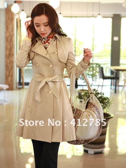 Free Shipping Korea Slim Fit Lace Ruffles Women's Trench Coat, Elegance Outerwear, F698