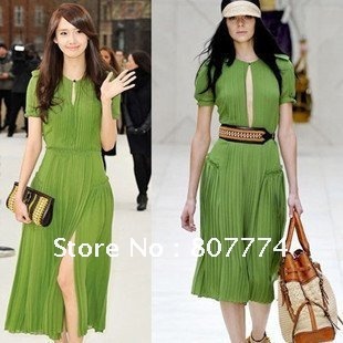 FREE SHIPPING Korea style women pleated maxi Green celibrity dress bohemia party dress hot sale promotion