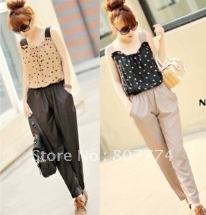 FREE SHIPPING Korea style women polka dot jumpersuit retro vest chiffon romper black/coffee hot sale promotion
