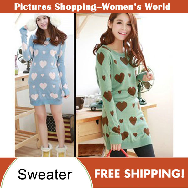 Free shipping!Korea style women's fashion medium-long loose heart sweet ladies knitted sweater pullover