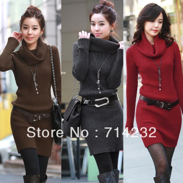 Free shipping!  Korea Version  all match over hip render turtle neck wool dress donate belt and necklace sweaters  women 2012