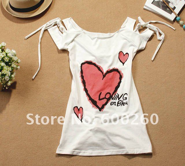 Free shipping Korea White Womens Sexy Love Off Shoulder Top T-shirt#5103