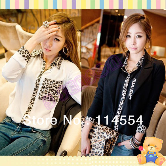 Free Shipping Korea Women Leopard Blouse Button Down Long Sleeve Chiffon Loose Blouse Top 10048