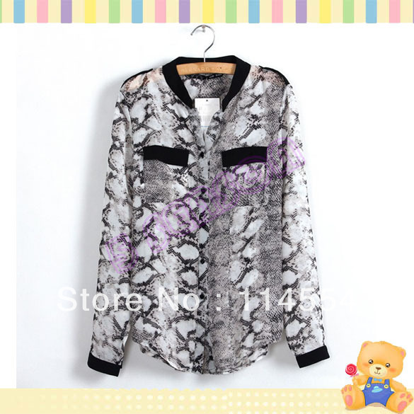 Free Shipping Korea Women's Charming Snake Pattern V-Neck Chiffon Blouse Tops 3 Sizes 11108