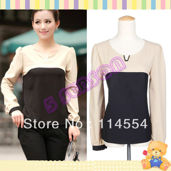 Free Shipping Korea Women's Elegant Splicing Long Sleeve Top Blouse Shirt Pullover 10735