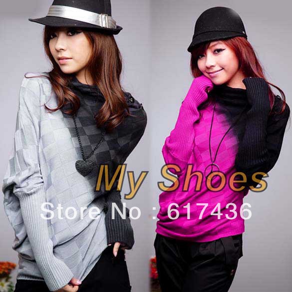 free shipping Korea Women's Irregular Long Sleeve Batwing Sweater Jumper Knitting Knitwear Tops Casual Gray/Rose Red  7825