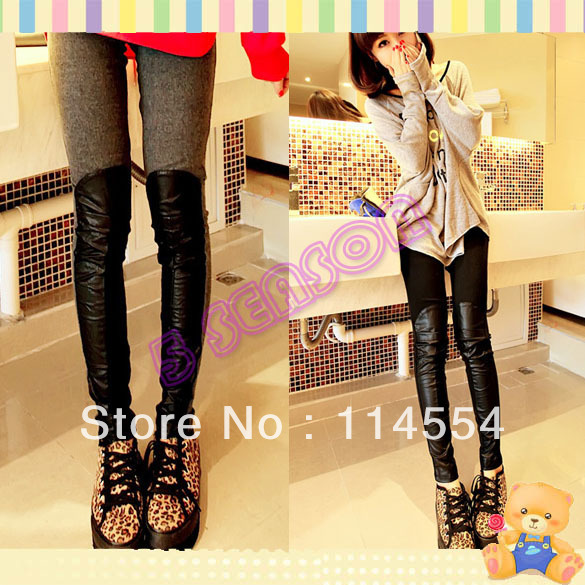 Free Shipping Korea Women's Knee Synthetic Leather Stitching Casual Render Pants Leggings 10196