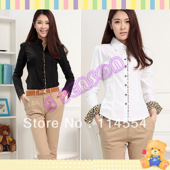 Free Shipping Korea Women's Leopard Print Splicing Long Sleeves Fitting Shirt Blouse Tops 11053