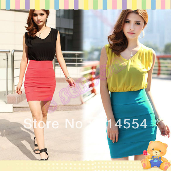 Free Shipping Korea Women's Slim V-neck Translucent Sleeveless Splicing Over Hip Mini Dress 10258