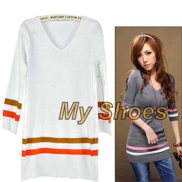 free shipping Korea Women V-neck stripe Slim Fit Three-quarter Length Sleeves long Knitting Sweaters Black, White, Gray 8073