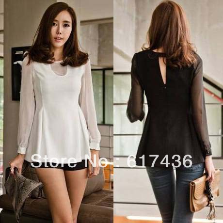 Free shipping Korean 2012 autumn and winter women fashion new Chiffon Puff stitching waist shirt black,white W21700