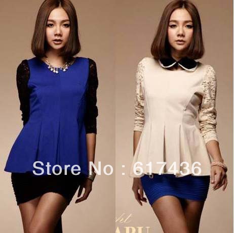 Free shipping Korean 2012 autumn new women lady fashion leisure lace long-sleeved Slim shirt blue,apircot W21658
