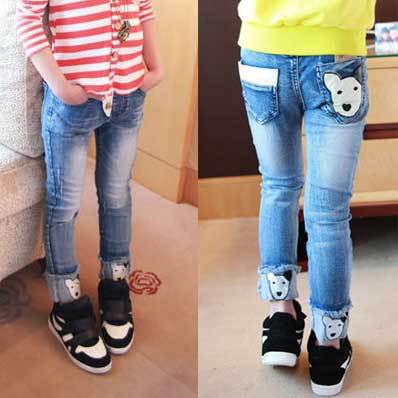 Free Shipping Korean Children Clothing Girls Blue Demin Jeans Kids Casual Long Pants with Cartoon Design GP008