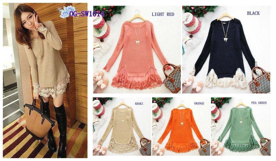 Free shipping, Korean cute Style 2013  lace+ gauze patchwork middle-long women casual pullovers/ sweater 5colors one size