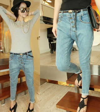 Free shipping  Korean Fashion four buckle women's cross jeans collapse pants trousers NZ265