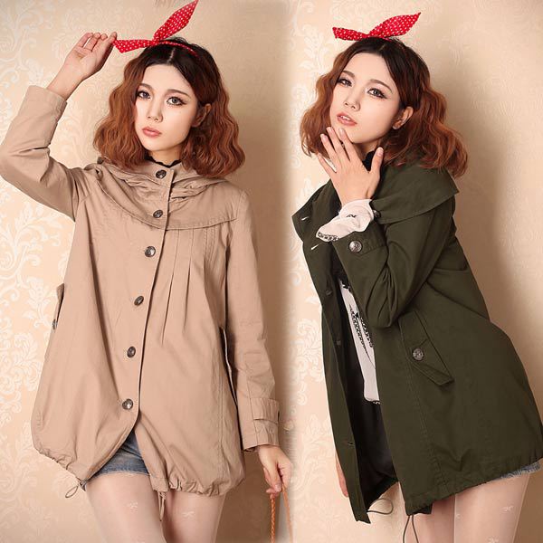 Free shipping Korean Fashion single breasted trench coat leisure hooded military coat DR1265