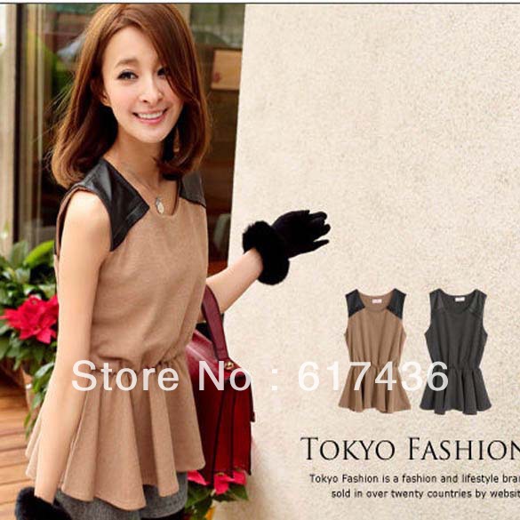 Free shipping Korean Japanese women fashion leather stitching waist personality patty vest nude,gray W21715