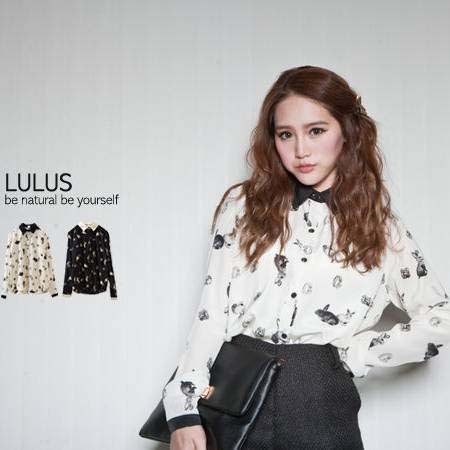 Free shipping Korean Japanese women ladies fashion casual retro cute rabbit printed long-sleeved shirt white,black W21712