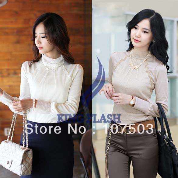 Free shipping Korean Lace Highneck T-shirt Knitwear Bottoming Shirt Tops Black White, Apricot 9101