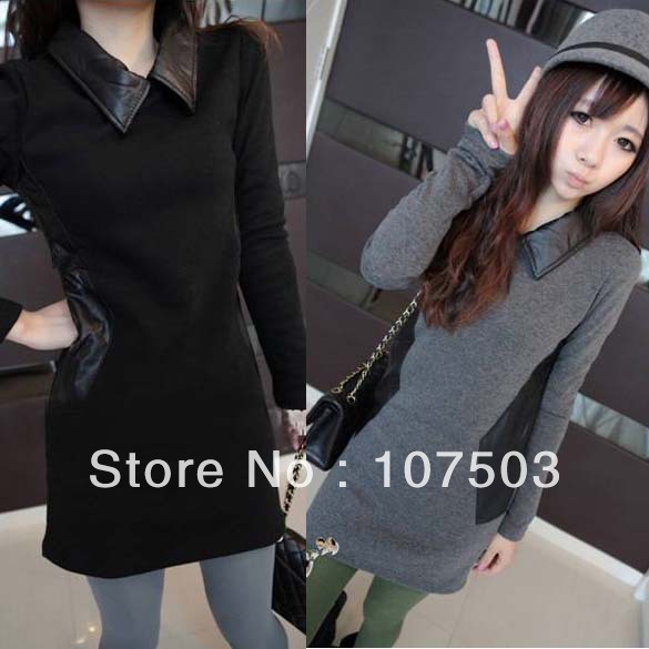 Free shipping Korean ladies fashion leather stitching handsome lapel fleece thickening fake two-piece t-shirt  black,gray w21649