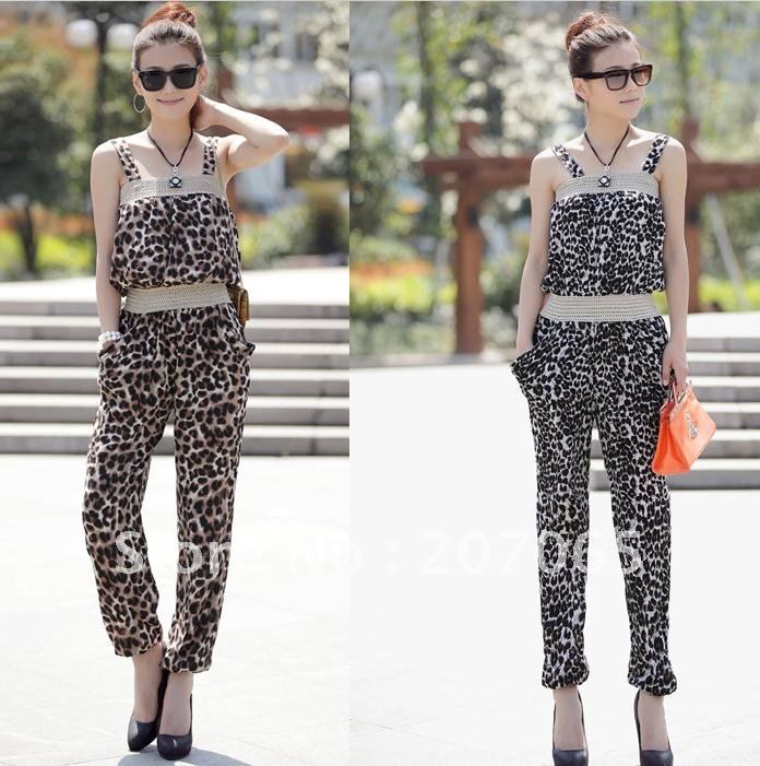Free shipping Korean Leopard harness harem jumpsuit ,Women's jumpsuit overall Harem pants  2 colour