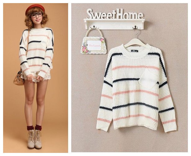 Free shipping Korean style 2012 autumn fashion women's sweet all-match stripe loose o-neck sweater white F size