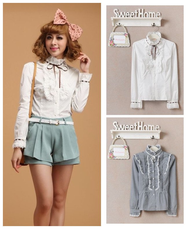 Free shipping, Korean style 2012 autumn lace decoration long-sleeve women's shirt/blouses, plaid and dot 2 colors, M,L,XL size
